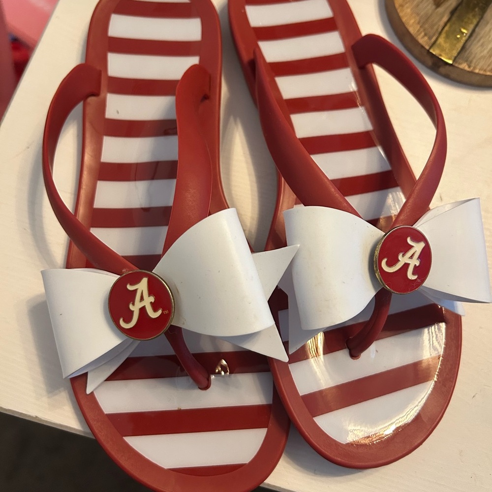 Lillybee Alabama Red and White Striped Flip Flops with Bow and Logo